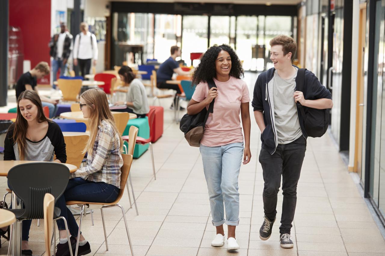 An image of two students walking in a common area