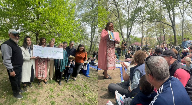 Left: AG James holding a $100K check with a group of people. Right: AG James reading a book to families in the park