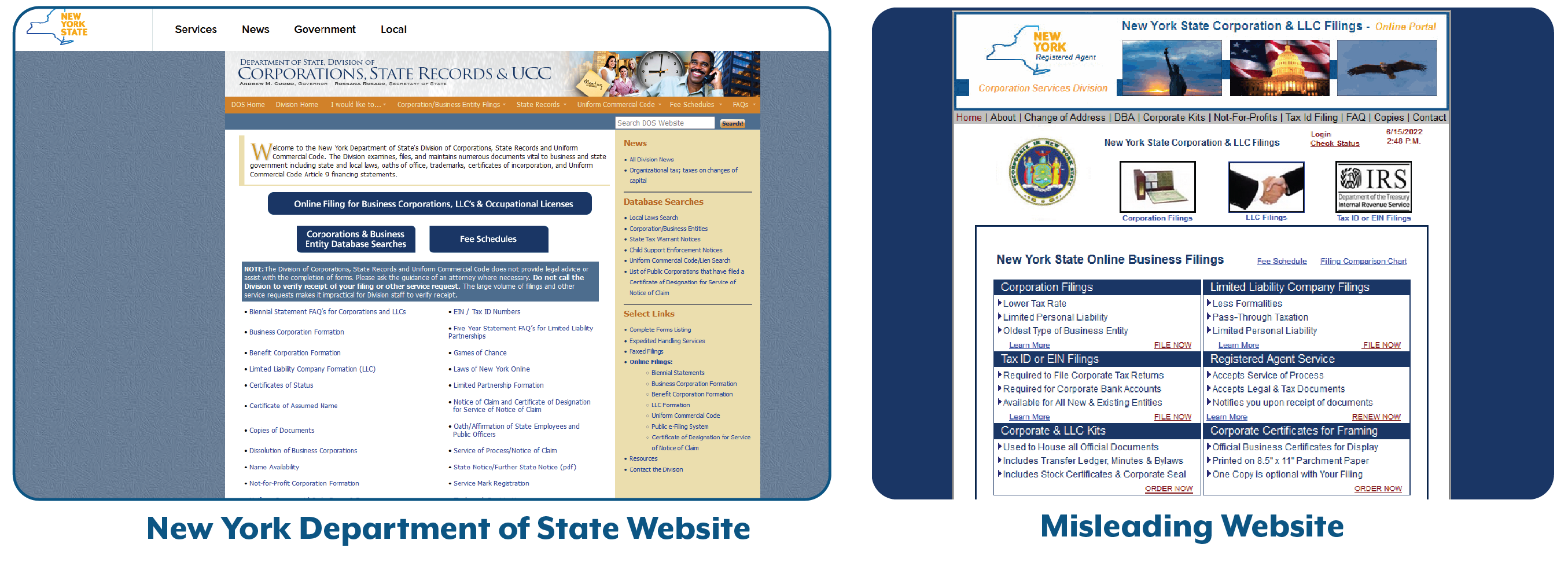 screenshot of state website next to screenshot of misleading website
