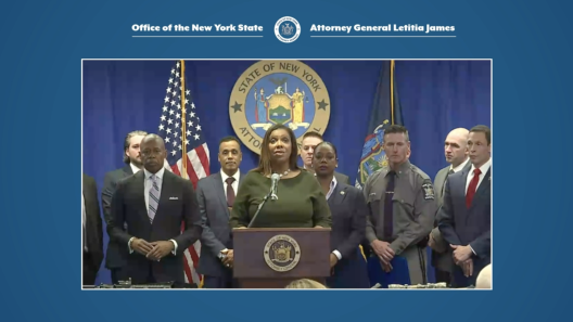 AG James standing at podium with many people behind her