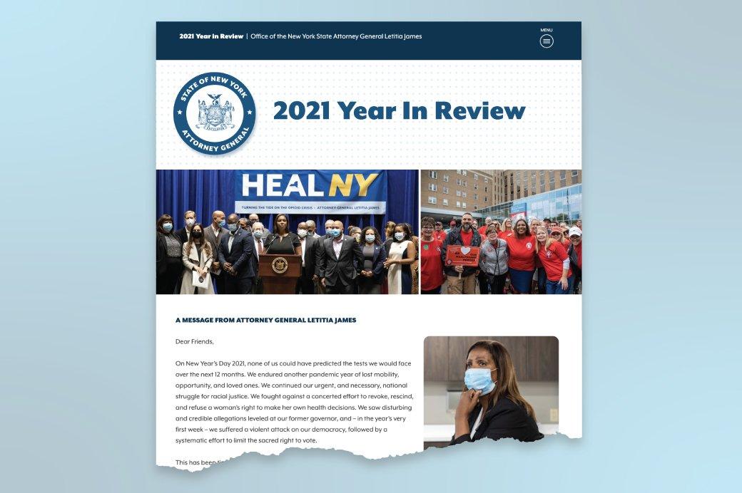 2021 Year in Review publication snippet treated as a torn news article over a blue background