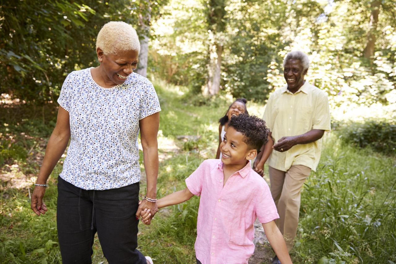 An image of a black senior couple walking hand and hand with their grandchildren through nature