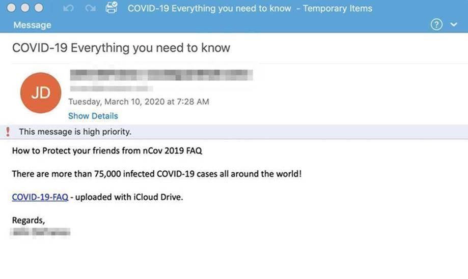 COVID-19 phishing email screenshot, the subject line reads "COVID-19, Everything you need to know" and is marked high priority 