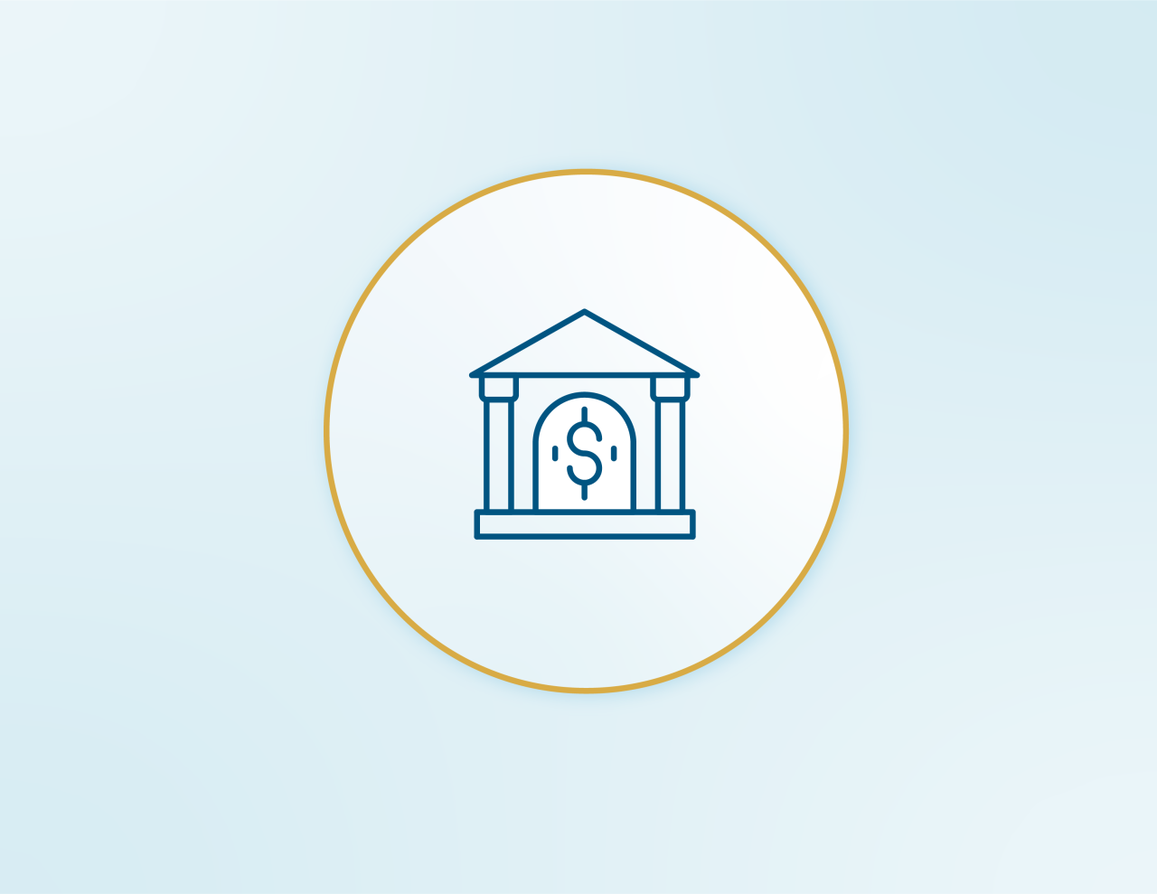 A graphic depicting a building shaped like a bank, with a dollar sign in the middle under an arch. 