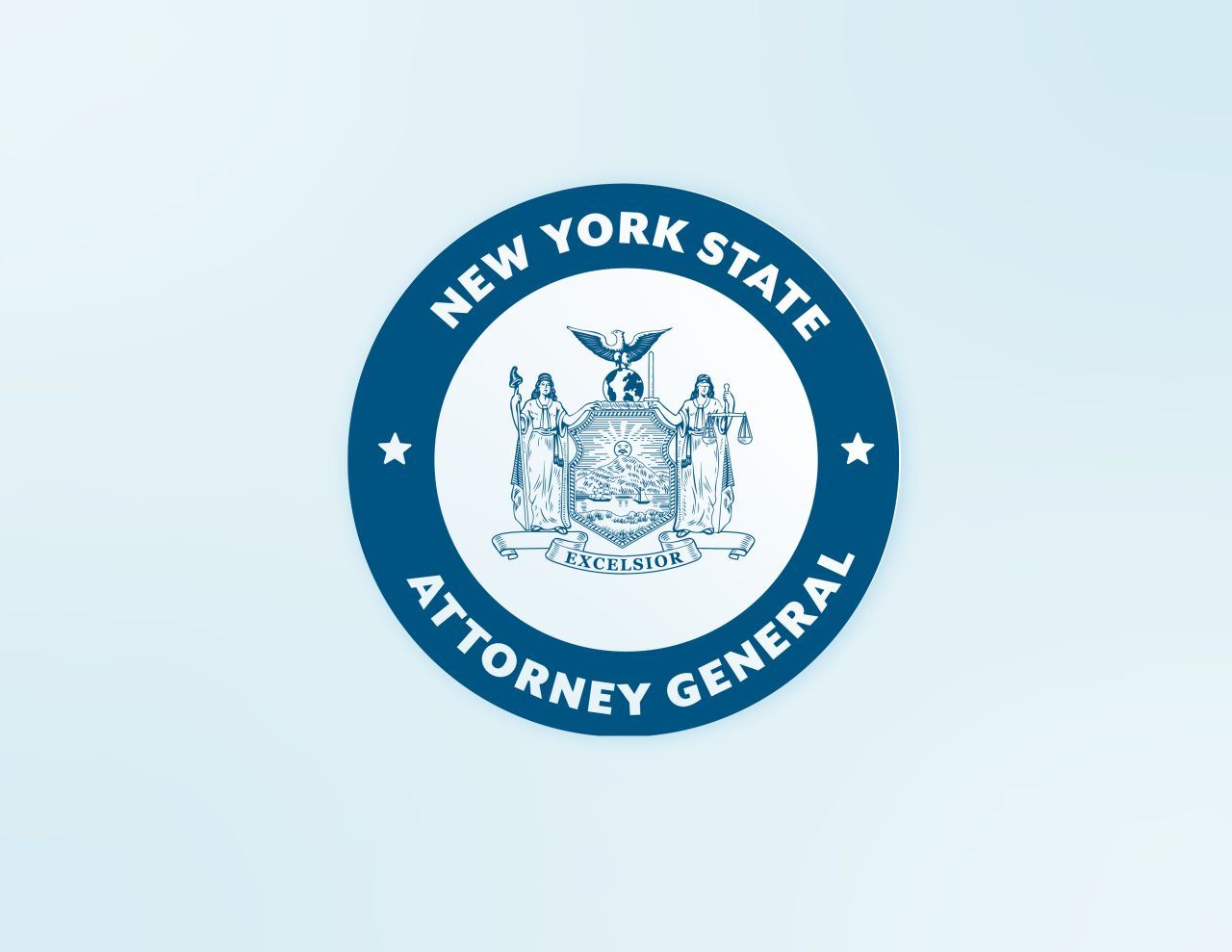 Logo bleu du procureur général de l’État de New York sur fond bleu clair