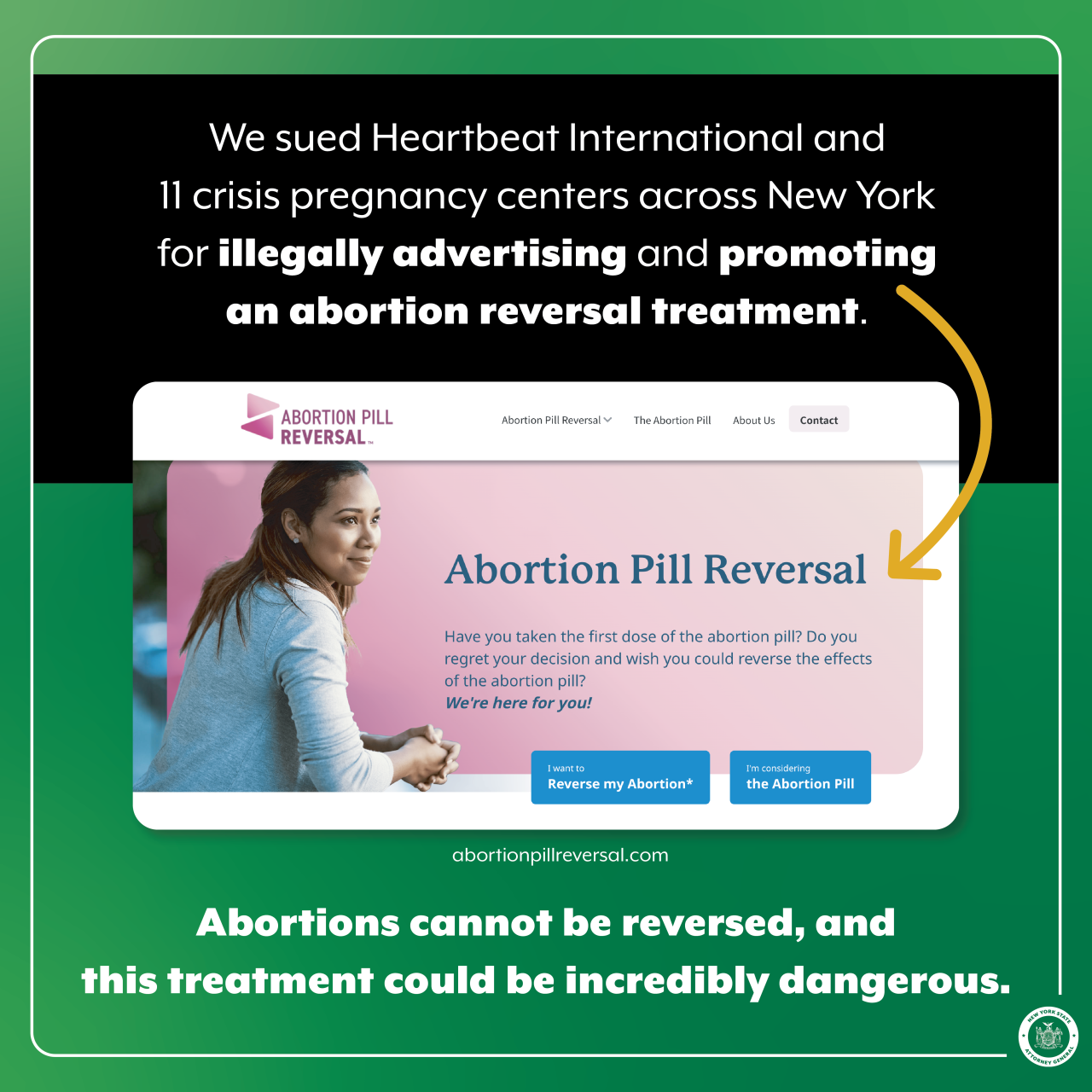 Graphic showing false abortion pill reversal website