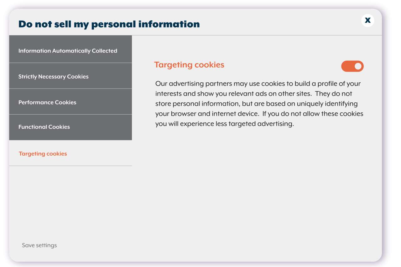 Cookie option graphic example showing all the type of cookies you can turn on and off for websites collecting your data