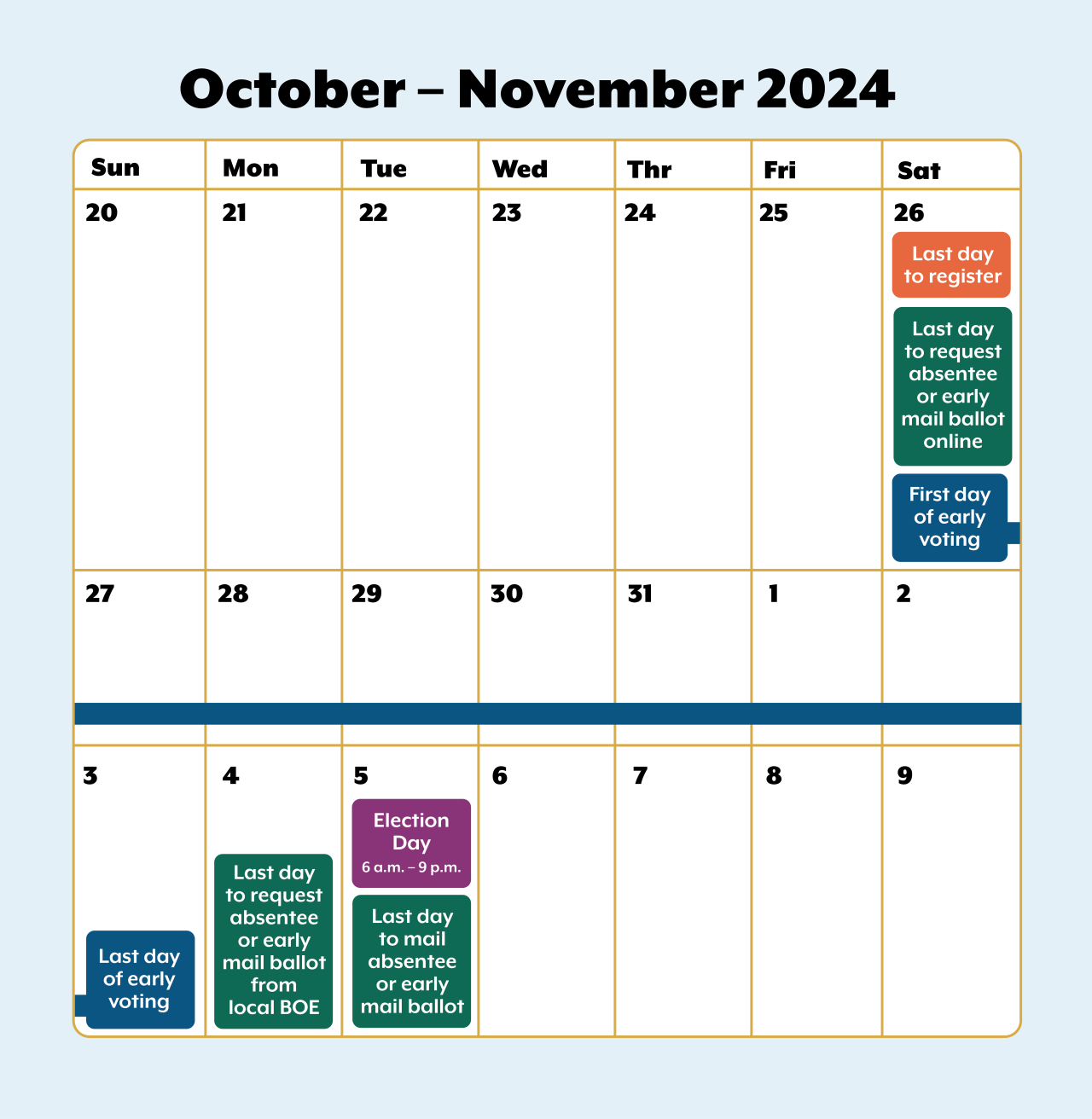 Calendar showing the key dates in the 2024 election