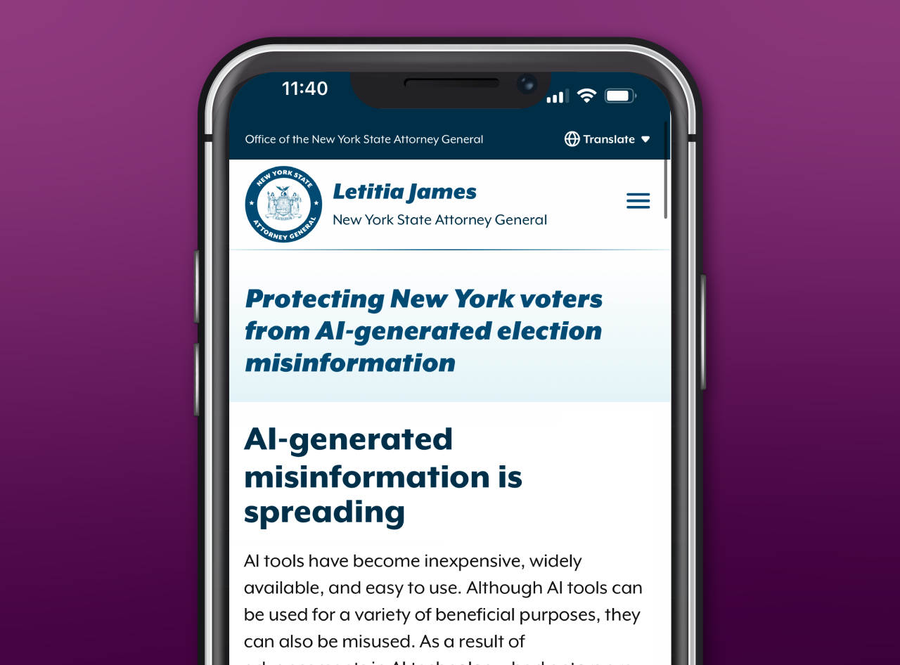 purple background with a phone showing the AG's website open to AI-generated election misinformation guide