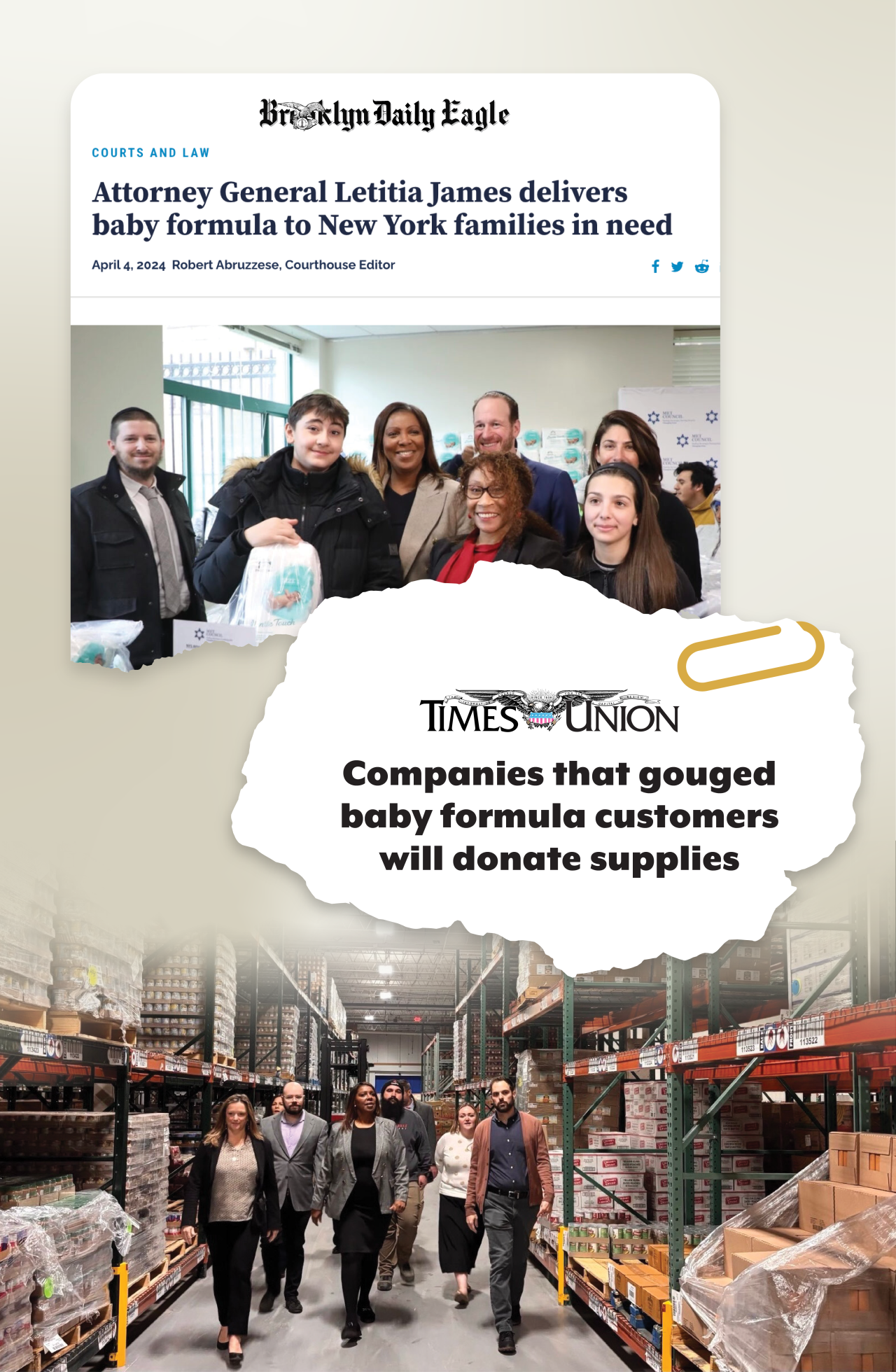 AG James touring a baby forumla distribution center with news clip from The Times Union and the Brooklyn Eagle