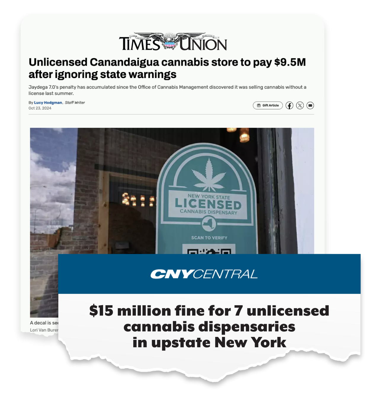 News clip from The Times Union reads Unlicensed Canandaigua cannabis store to pay $9.5M after ignoring state warnings