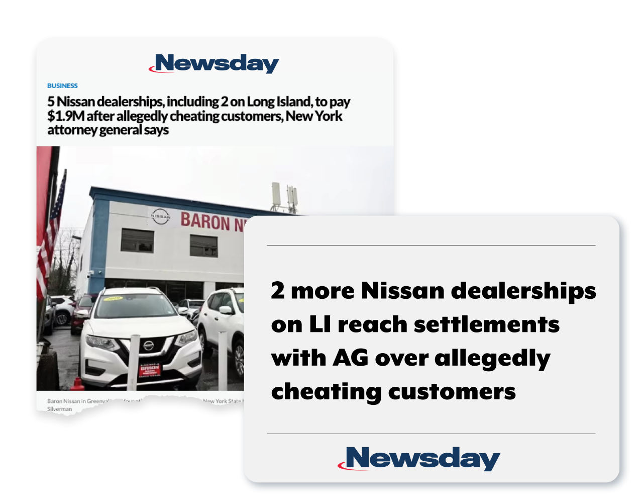 News clips from Newsday that read 2 more Nissan dealerships on LI reach settlements with AG over allegedly cheating customers