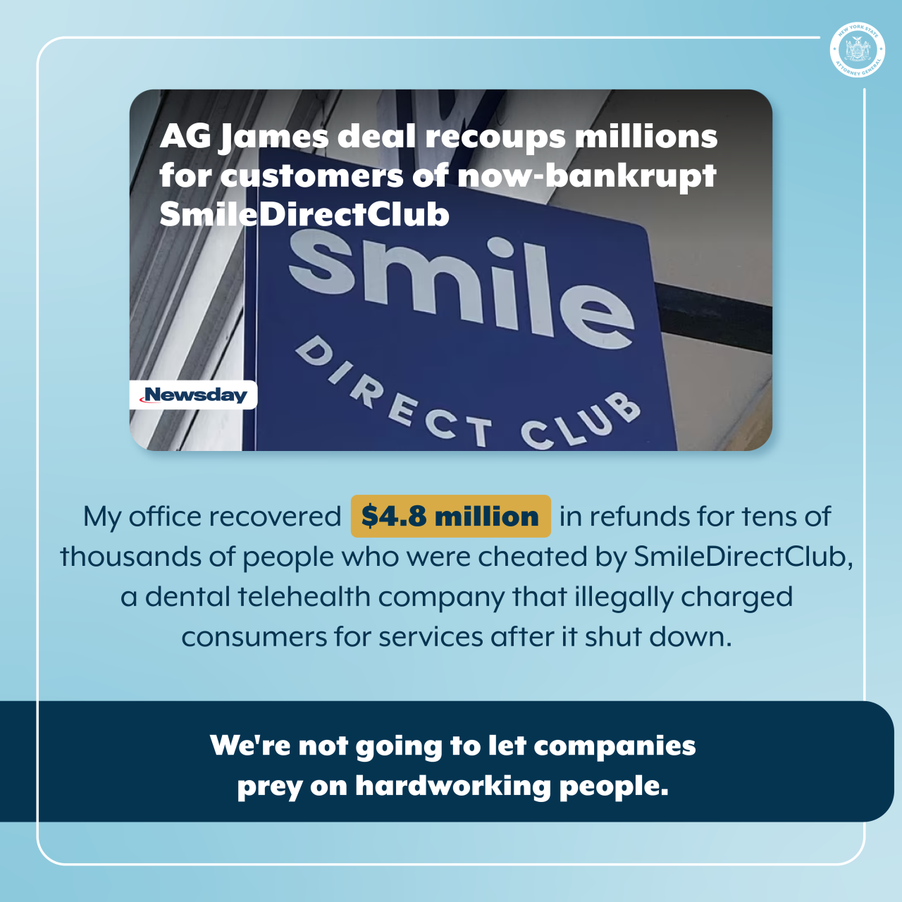 Blue background with news article reading AG James deal recoups millions ofr customers of now-bankrupt SmileDirectClub