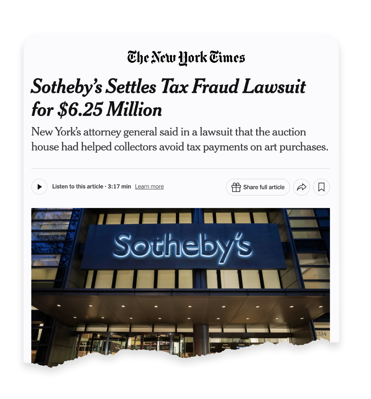 News clip from The New York Times reads Sotherby's Settles Tax Fraud Lawsuit for $6.25 Million