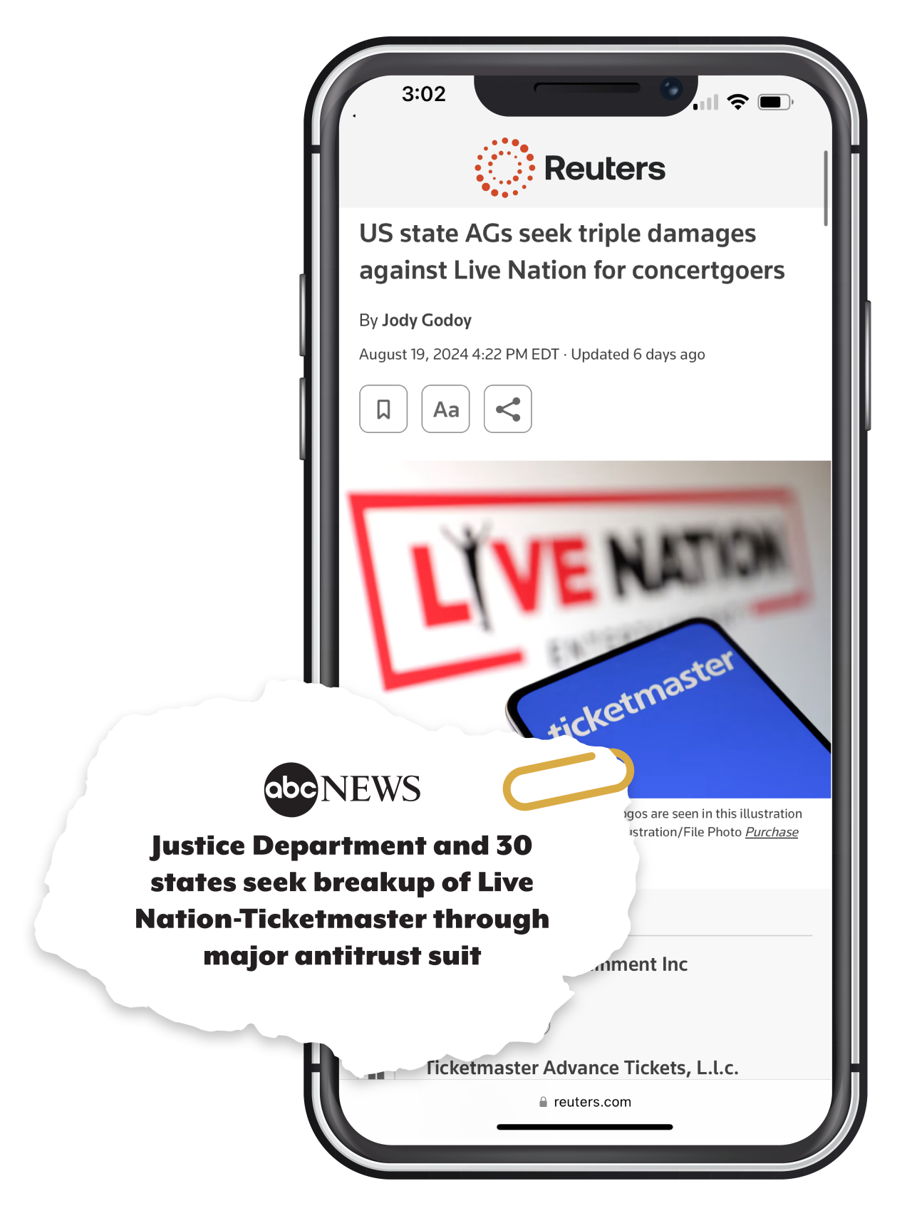 News clip from Reuters reads US state AGs seek triple damages against Live Nation for concertgoers