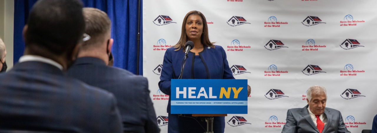 AG James at a podium that reads HEALNY: turning the tide on the opioid crisis