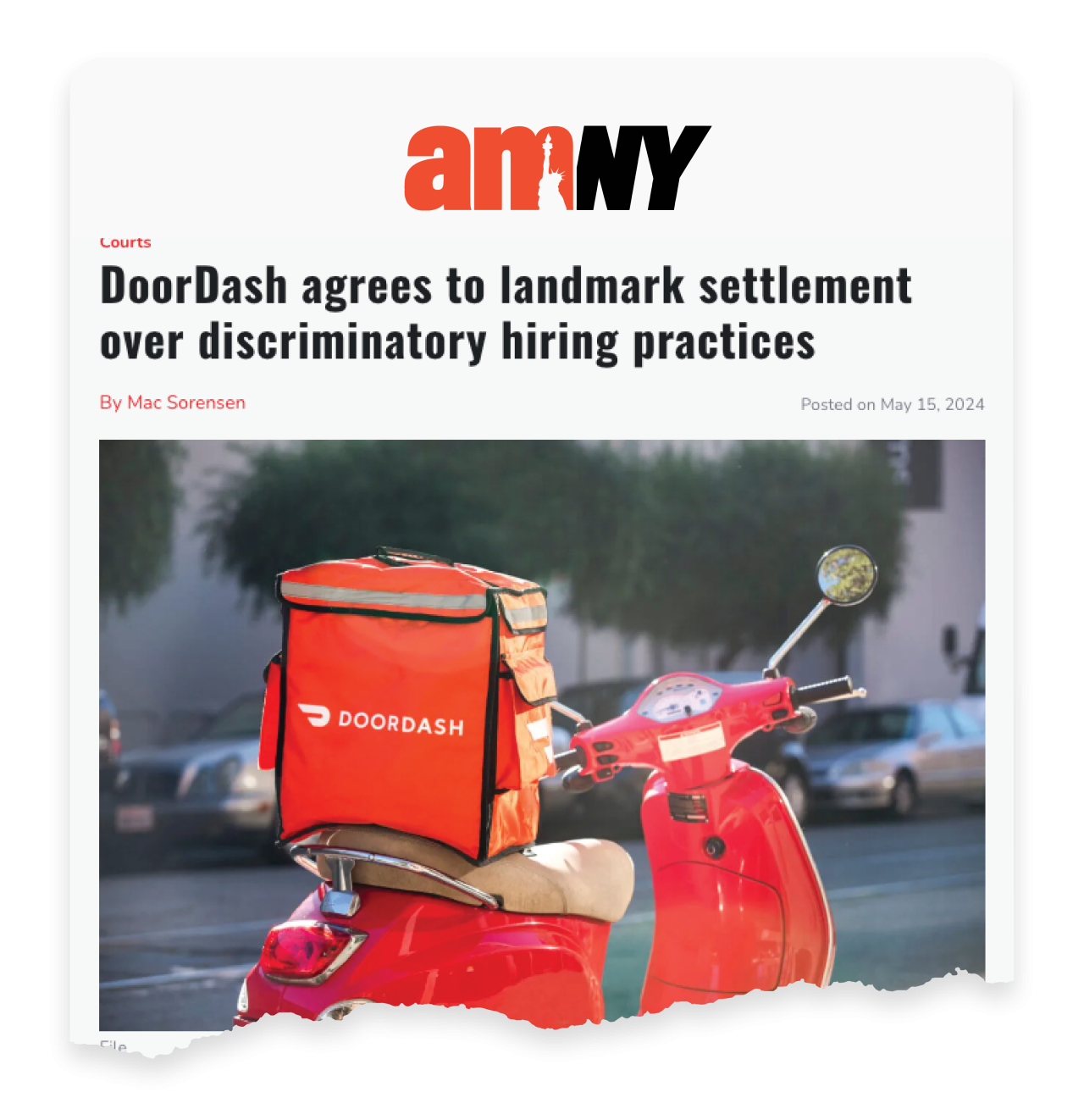 News clip from AMNY reads DoorDash agrees to landmark settlement over discriminatory hiring practices