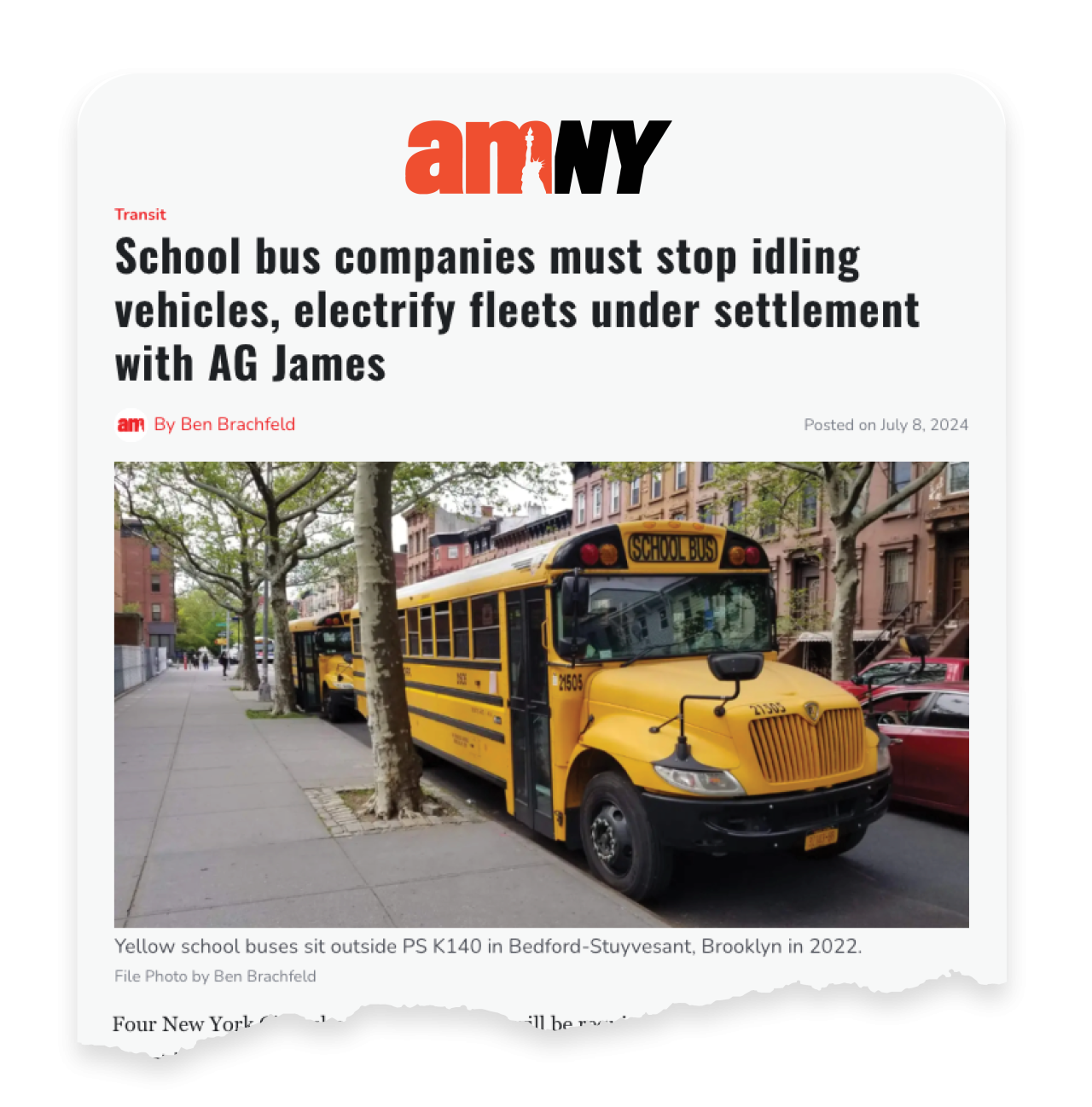 News clip from AMNY reads School bus companies must stop idling vehicles, electrify fleets under settlement with AG James