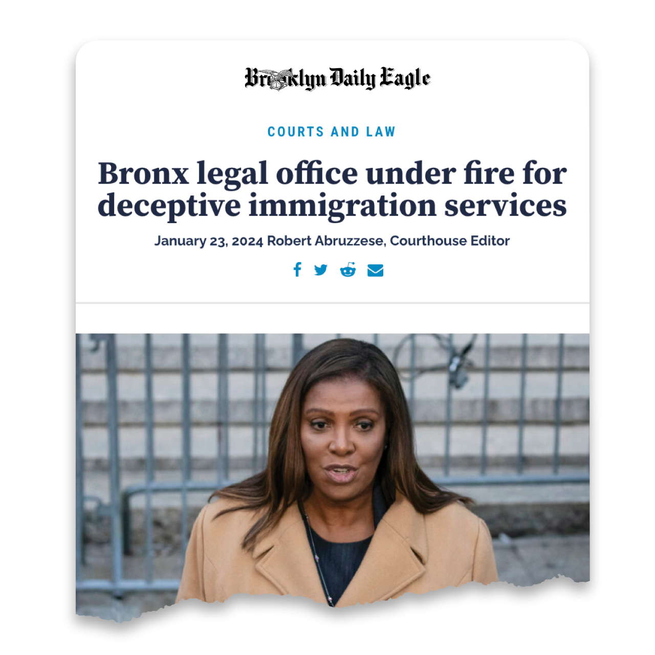 News clip from Brooklyn Daily Eagle reads Bronx legal office under fire for deceptive immigration services
