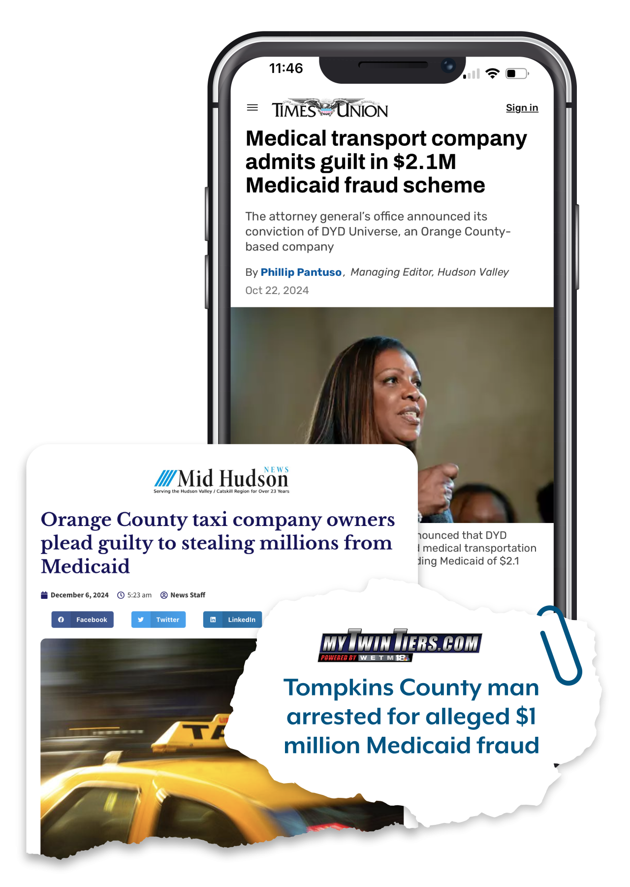 News clips from Times Union, Mid Hudson News and My Twin Tiers about fraud in health