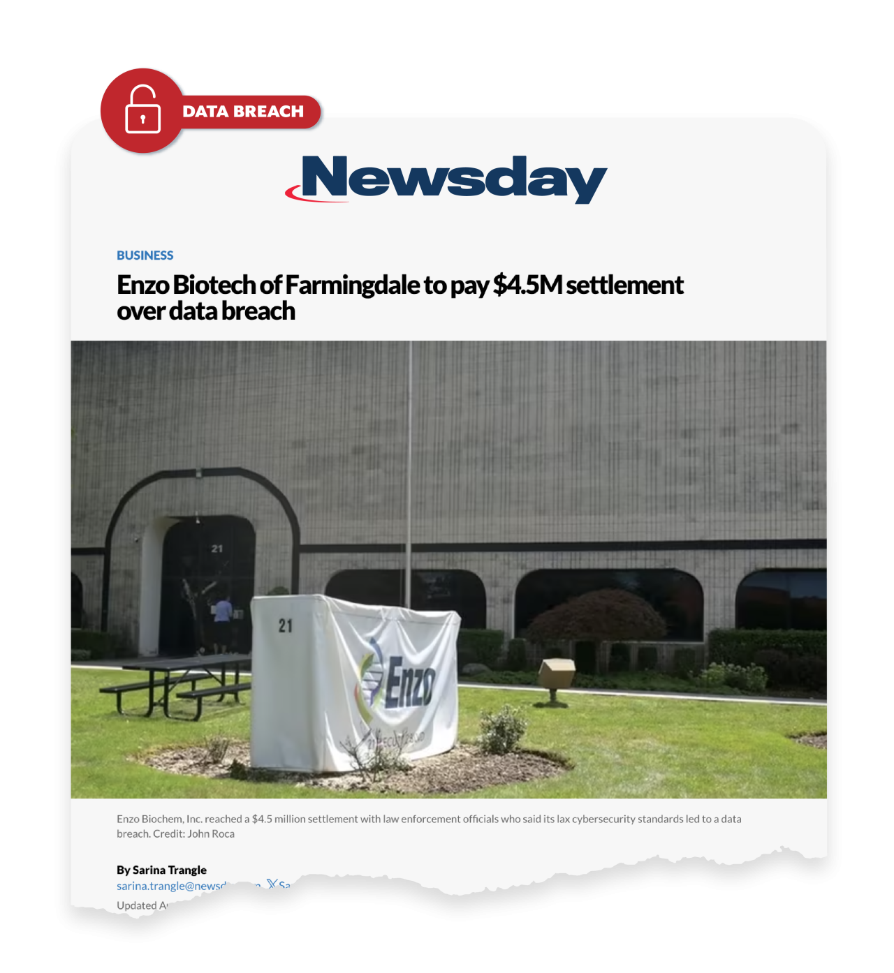 News clip from Newsday reads Enzo Enzo Biotech of Farmingdale to pay $4.5 M settlement over data breach