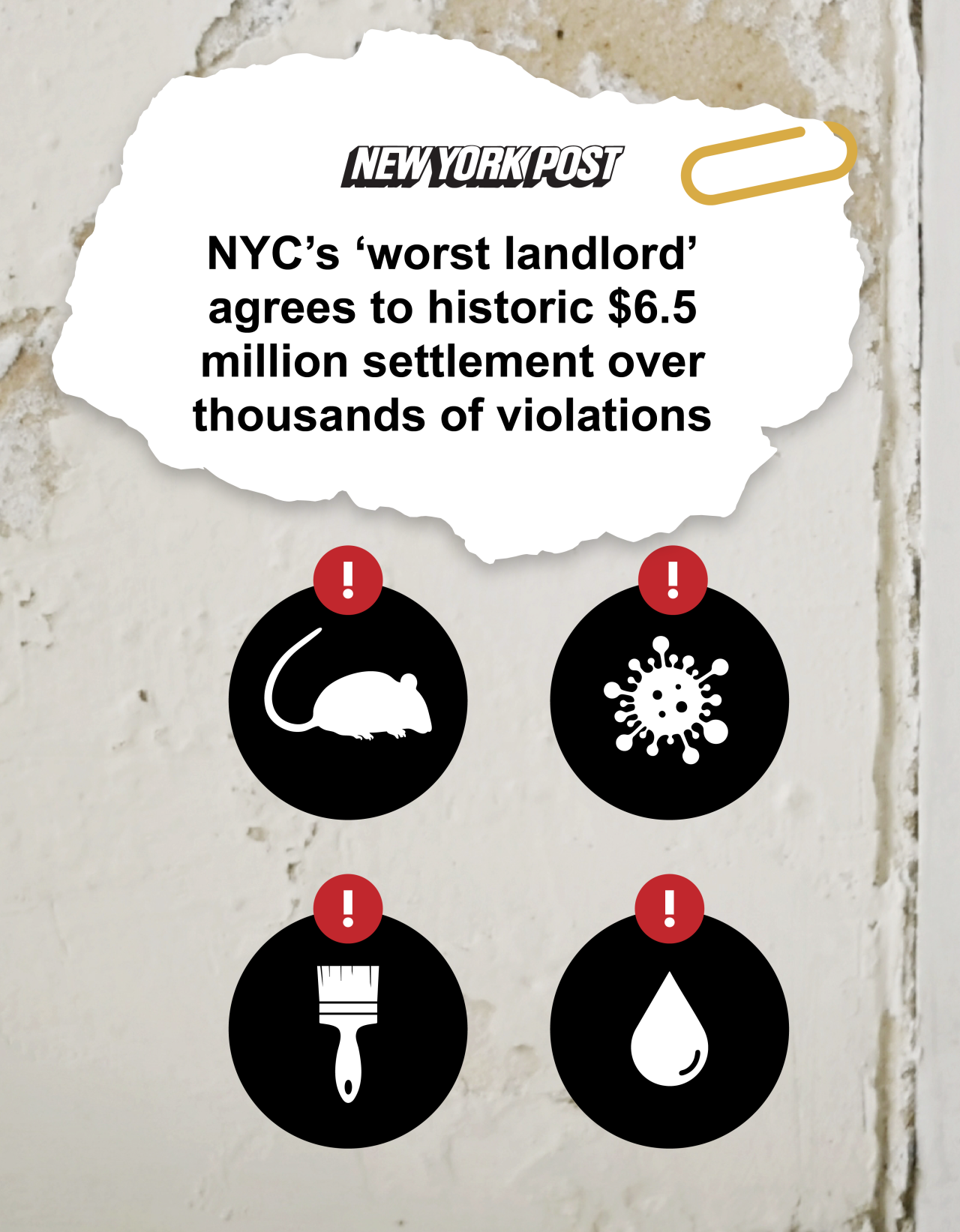 News clip from New York Post reads NYC’s ‘worst landlord’ agrees to historic $6.5 million settlement over thousands of violations