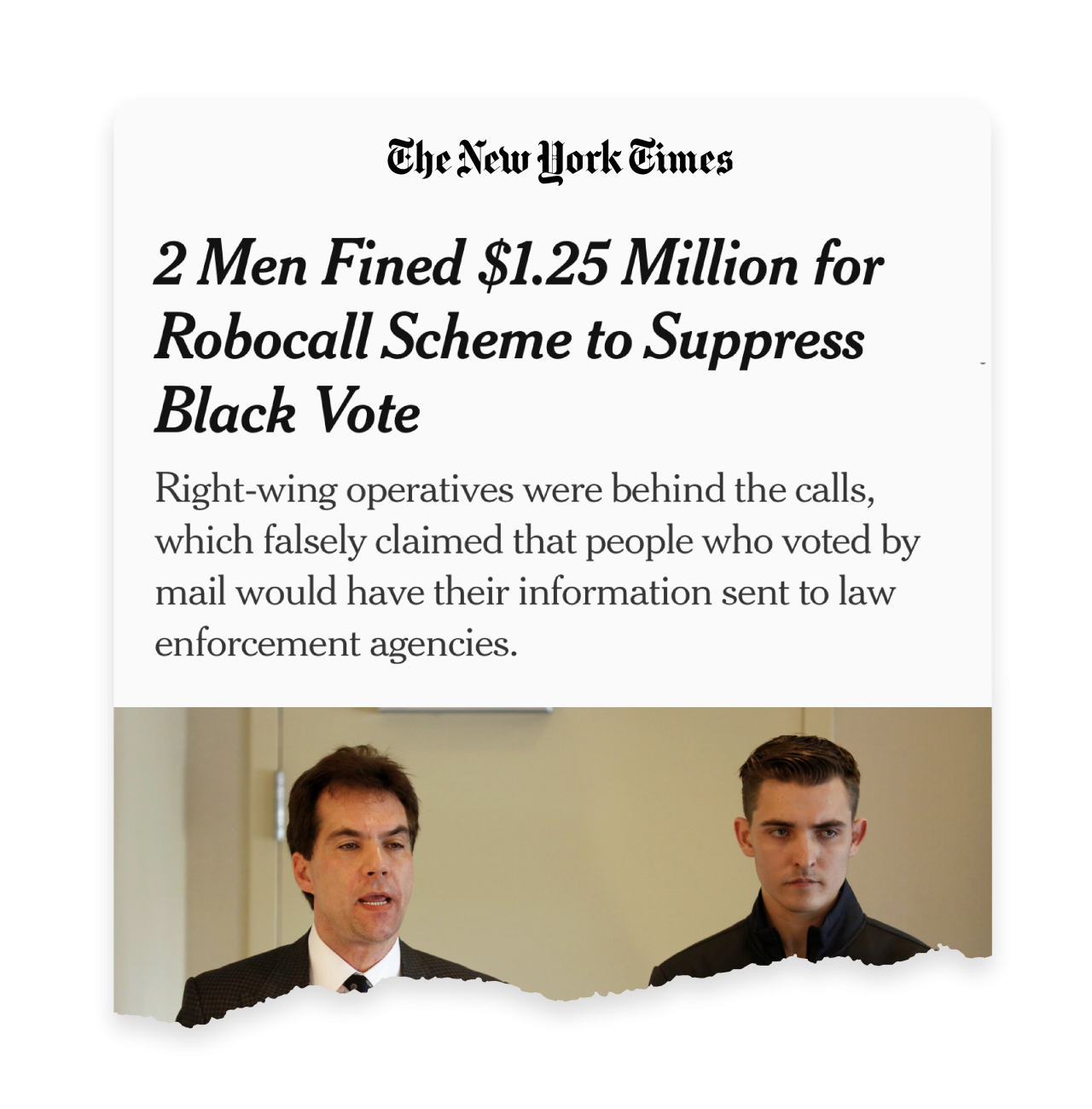 New clip from The New York Times reads 2 Men Fined $1.25 Million for Robocall Scheme to Suppress Black Vote