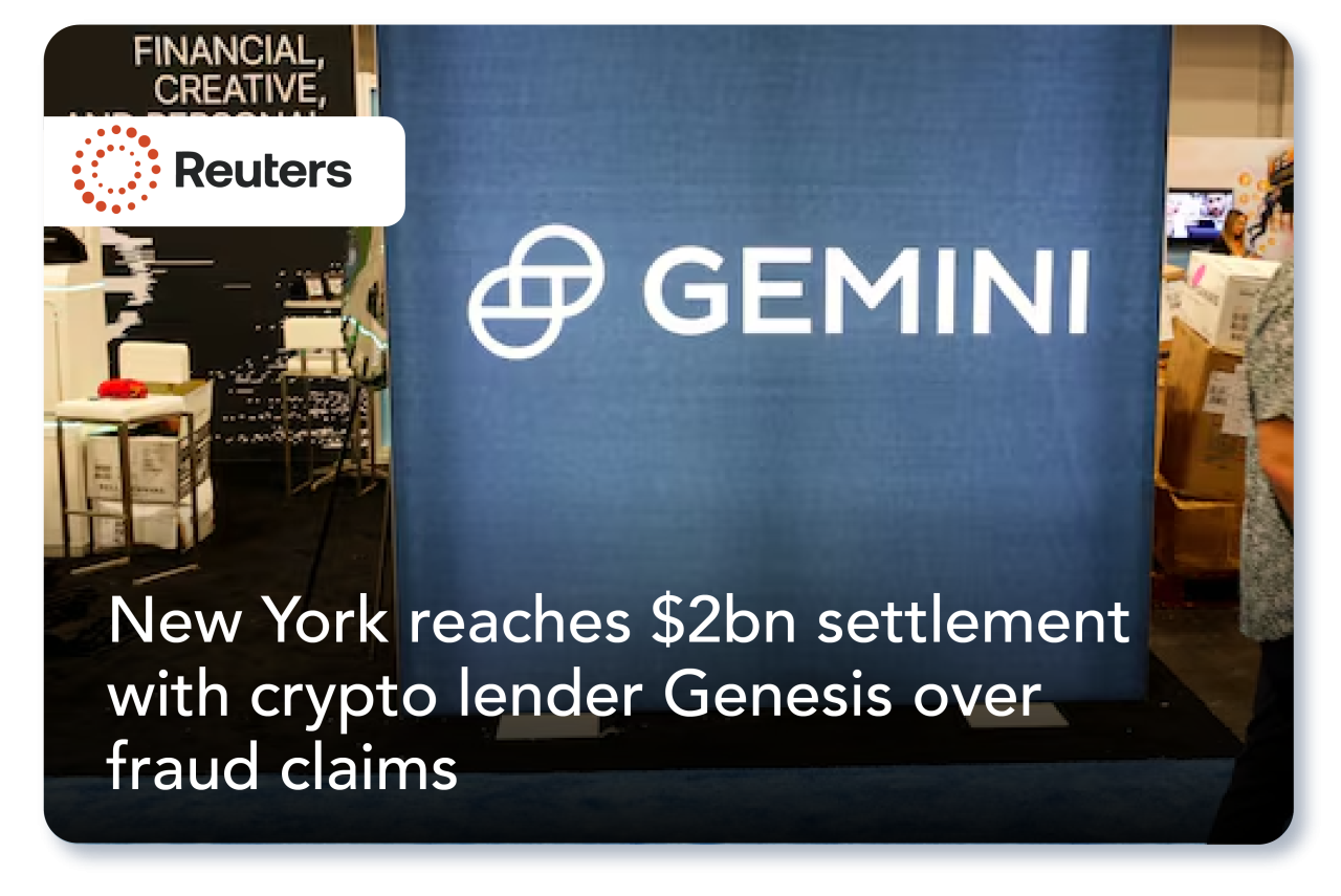 News clip from Reuters reads New York recovers $50 mln for defrauded Gemini Earn crypto investors