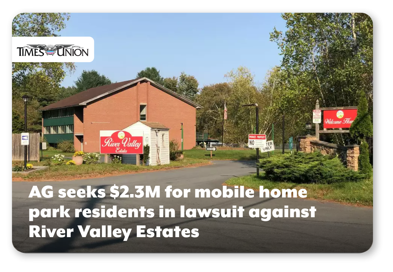 News clip from The Times Union reads AG seeks $2.3M for mobile home park residents in lawsuit against River Valley Estates