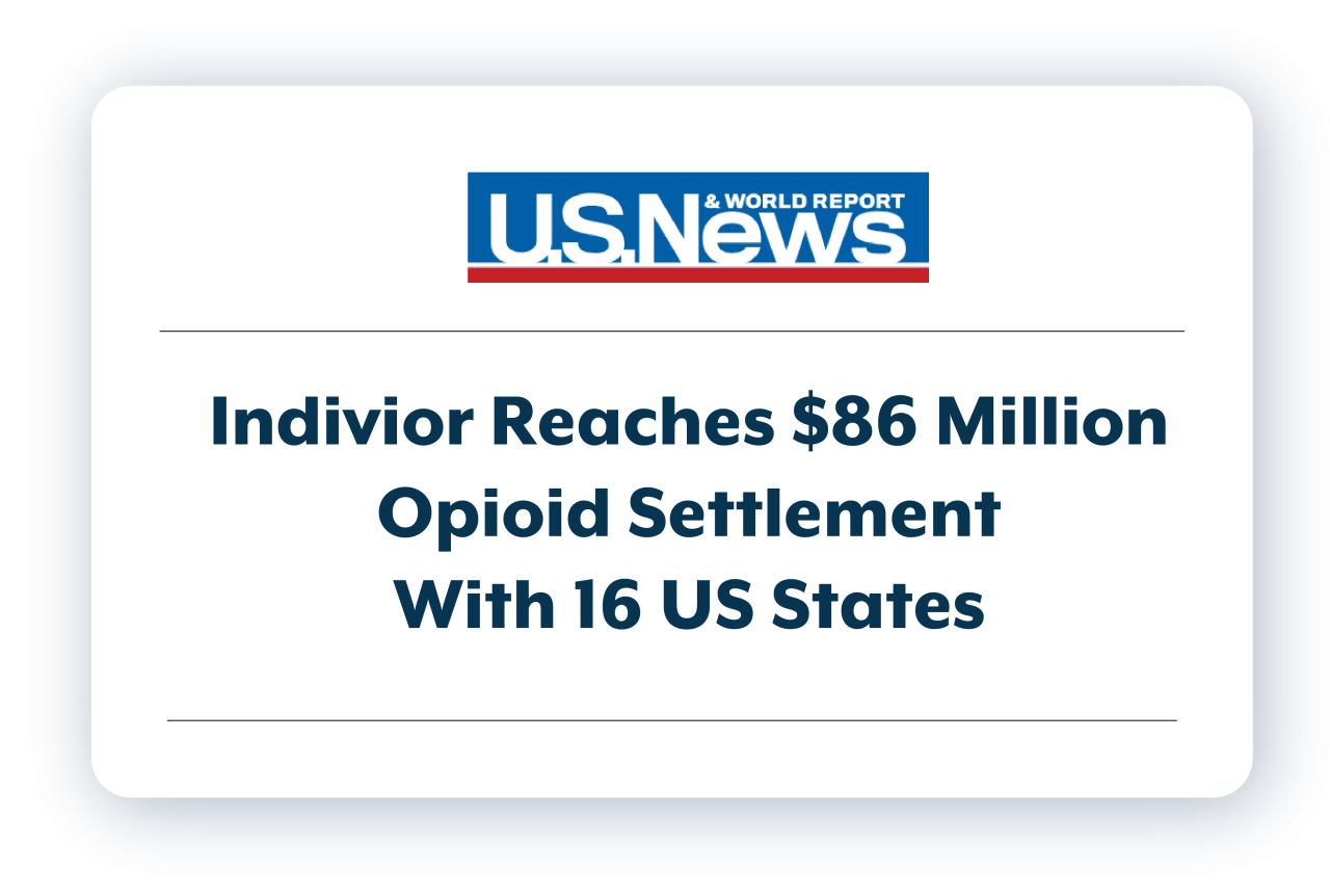 News clip from US News reads Indivior Reaches $86 Million Opioid Settlement  With 16 US States