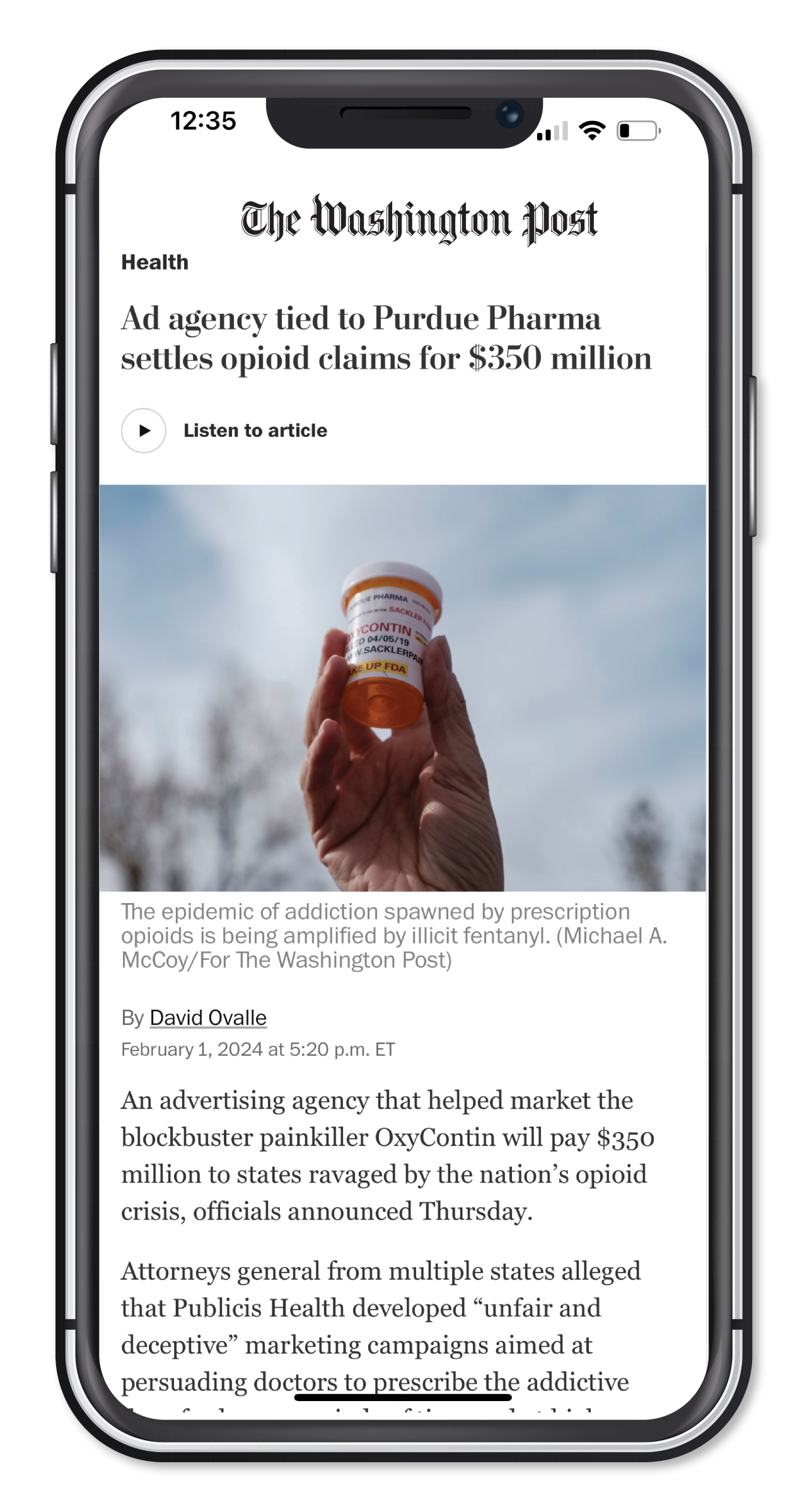 News clip from The Washington Post reads Ad agency tied to Purdue Pharma settles opioid claims for $350 million