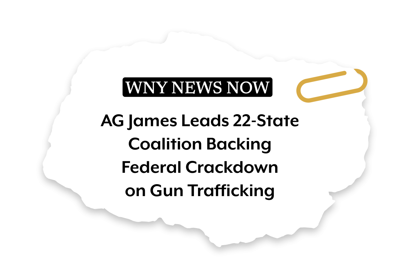 News clip from WNY News Now reads AG James Leads 22-State Coalition Backing  Federal Crackdown  on Gun Trafficking