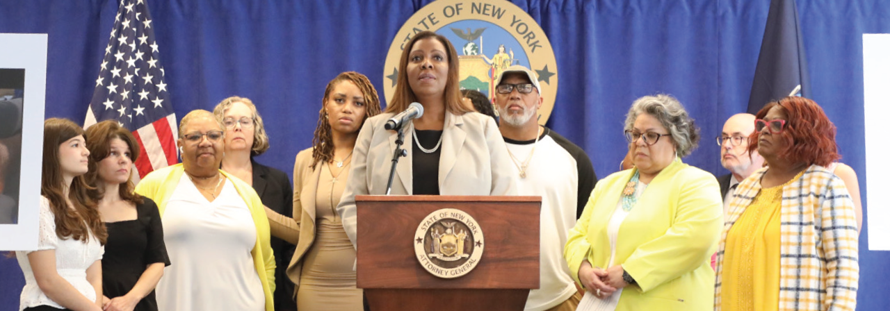 AG James speaking on protecting seniors and retirees