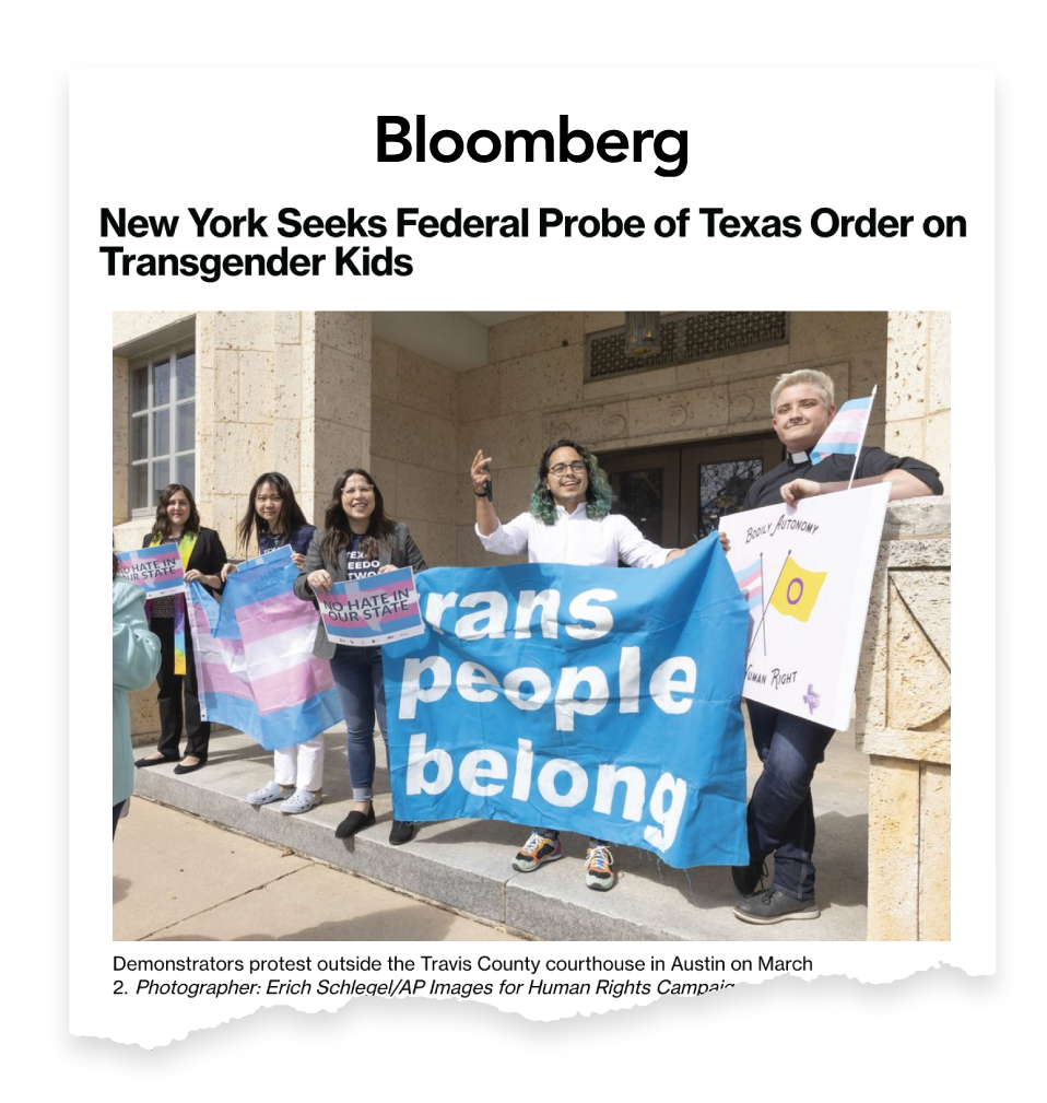 Bloomberg News clipping on trans kids in Texas