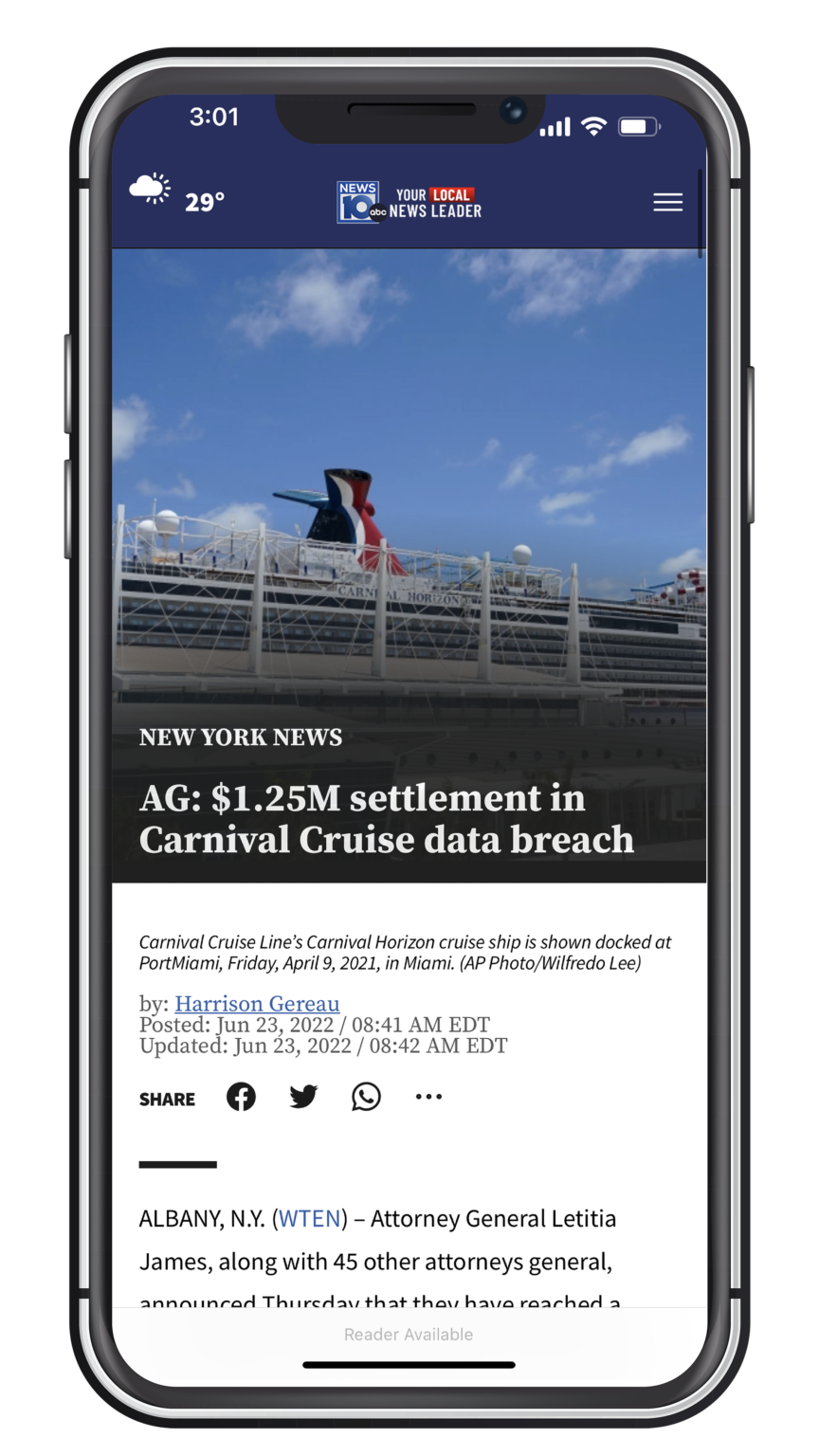 Phone displaying artile on carnival cruise
