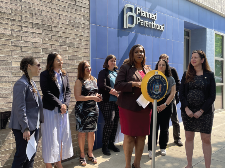 AG James outside of Planned Parenthood speaking on reproductive rights