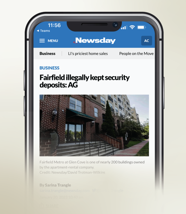 Phone displaying Newsday article on illegally keeping security deposits 