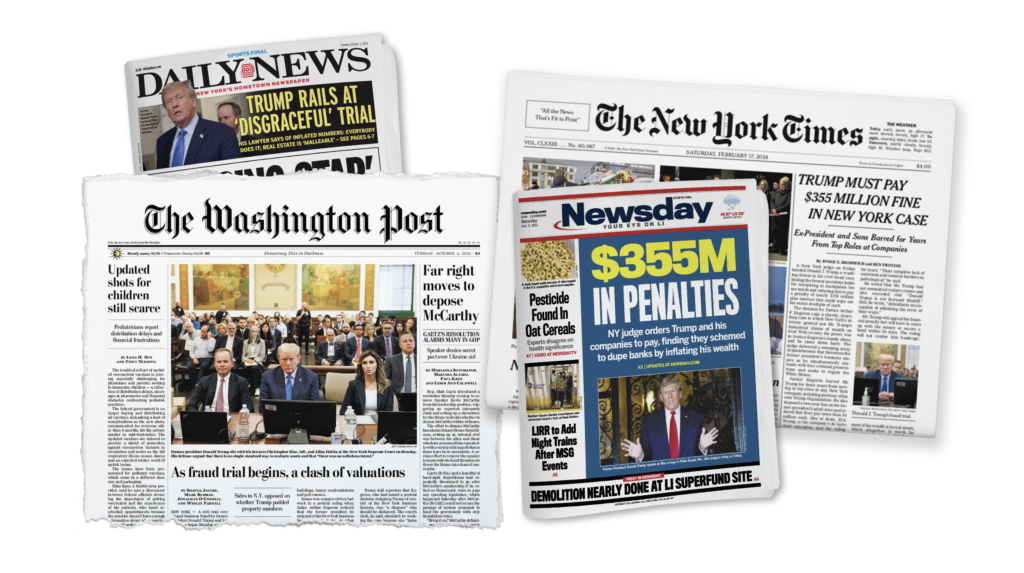 Newspaper clippings of Trumps Fraud Trial