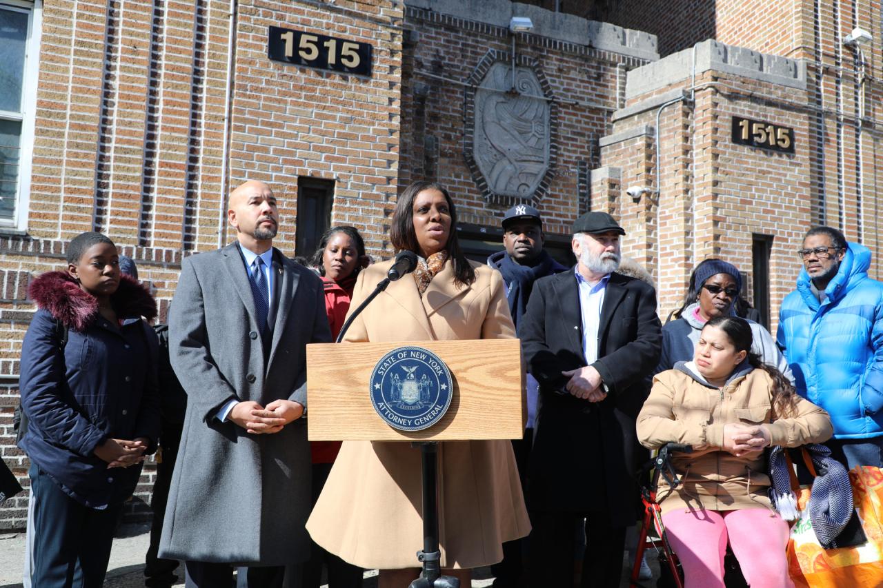 AG James and elected officials announcing lawsuit against Chestnut Holdings