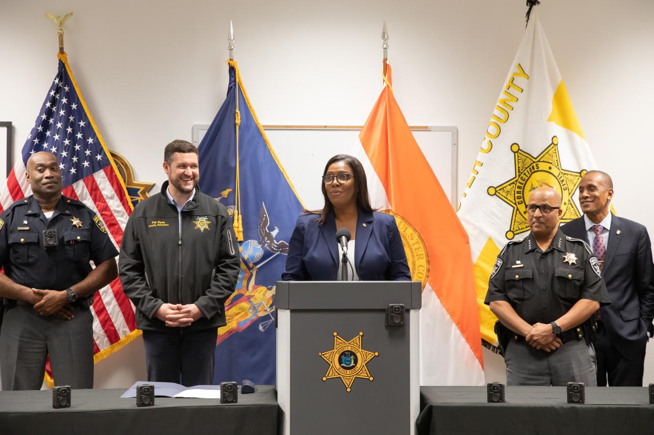 AG James speaking on law enforcement transparency