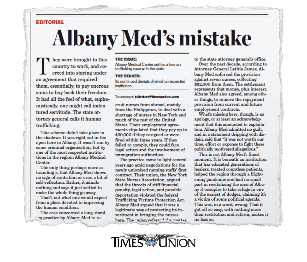 Albany Newspaper clipping on their mistake