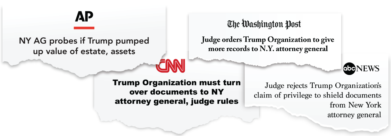 Multiple News clippings on Trump Org vs AG James