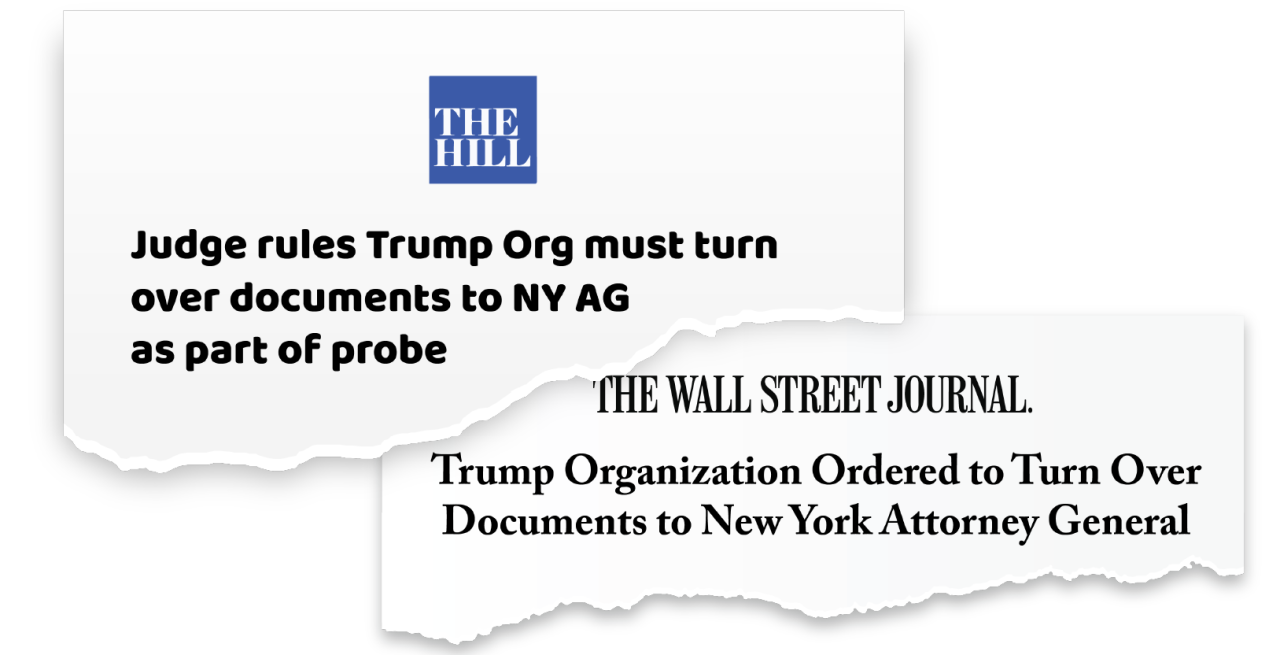 Multiple News clippings on Trump Org vs AG James