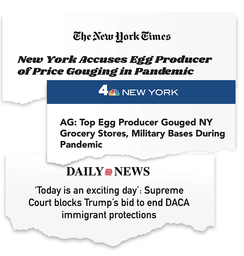 Multiple News clippings on the price gouging of eggs
