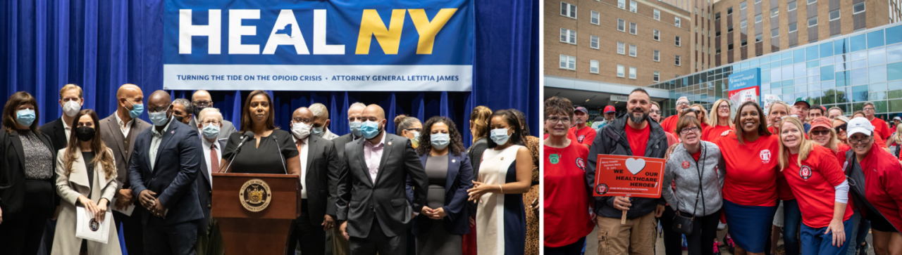 AG James behind podium- Ag James with healthcare workers