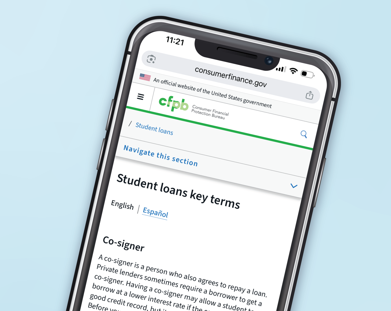 phone with the CFPB student loans key terms website showing