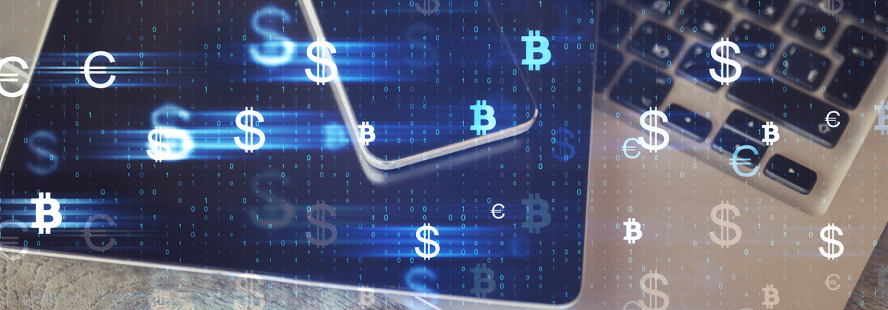 crypto icons floating on top of a computer, phone and tablet