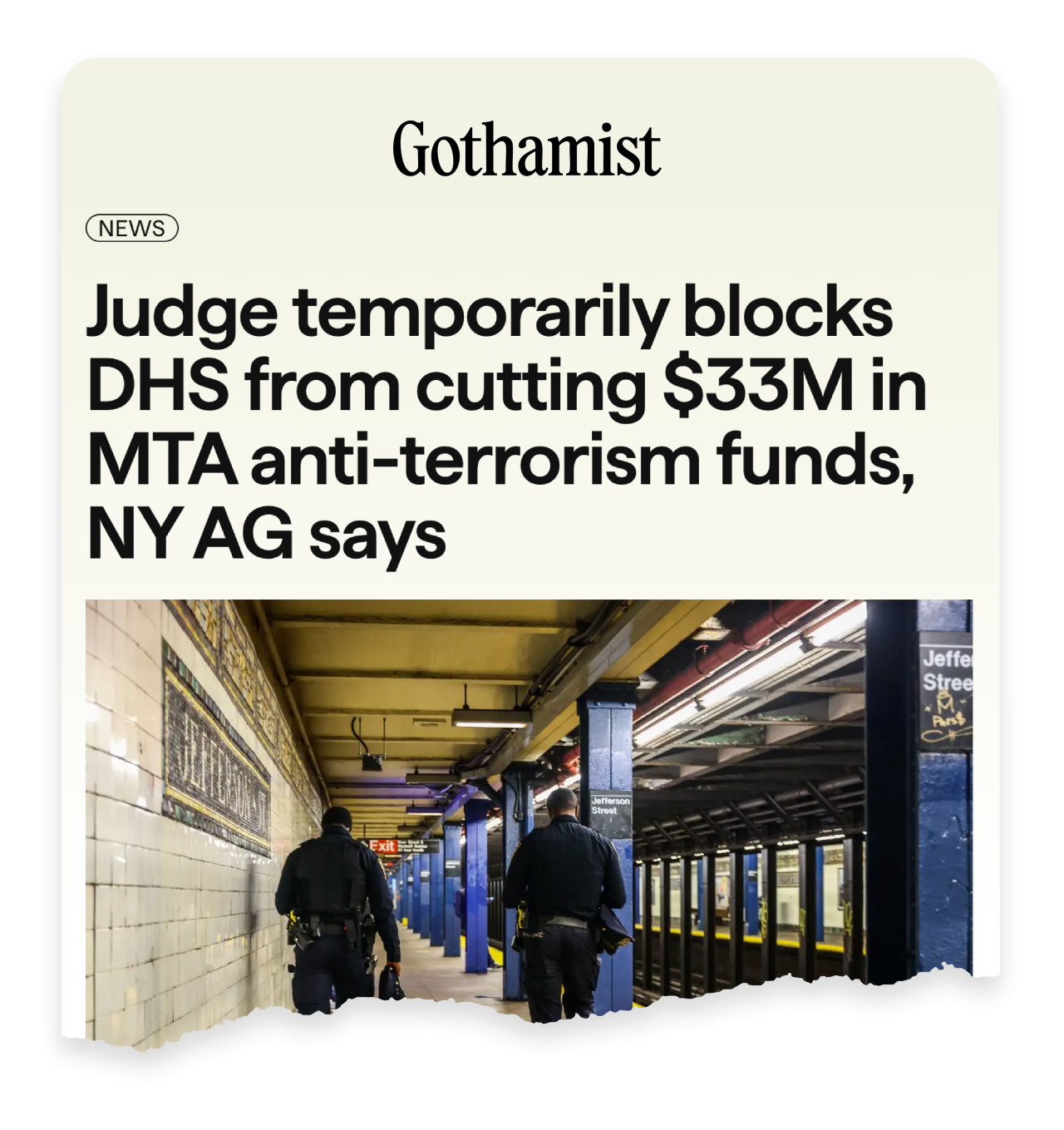 Gothamist: Judge temporarily blocks DHS from cutting $33M in MTA anti-terrorism funds, NY AG says