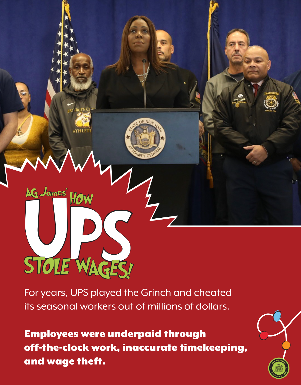 AG James at a podium with a group of people