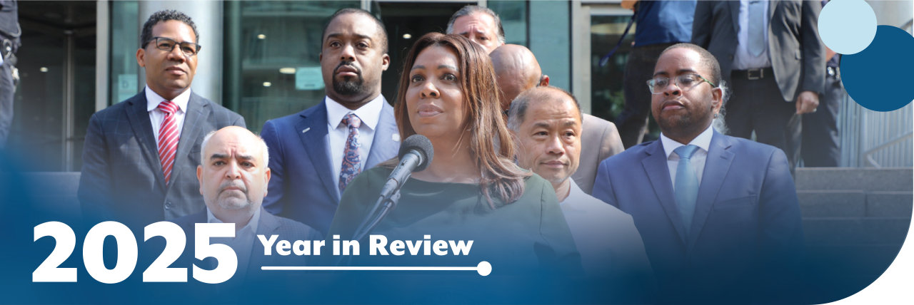 2025 Year in Review: AG James on court house steps with a group of people behind her